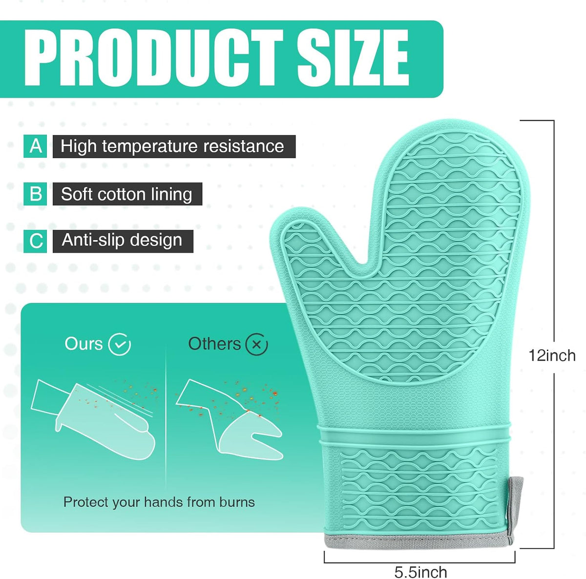 Silicone Oven Mitts, Heat Resistant 2PCS Oven Mitts with Soft Cotton Lining, Waterproof Non-Slip Grip Oven Glove, Kitchen Potholder Mits for BBQ, Baking, Cooking, 12.5 Inch - Grey
