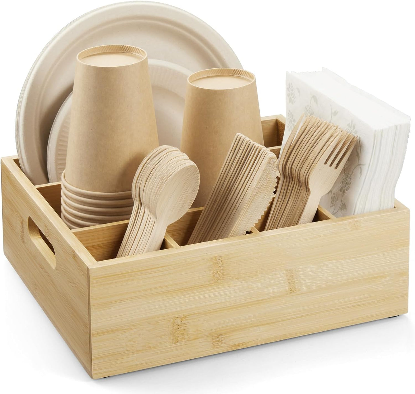 Acacia Wood Utensil Holder for Party, 6-Compartment Paper Plate and Silverware Organizer with Handles, Rustic Utensil Caddy for Parties, Outdoor Gatherings, and Kitchen Countertop Organization