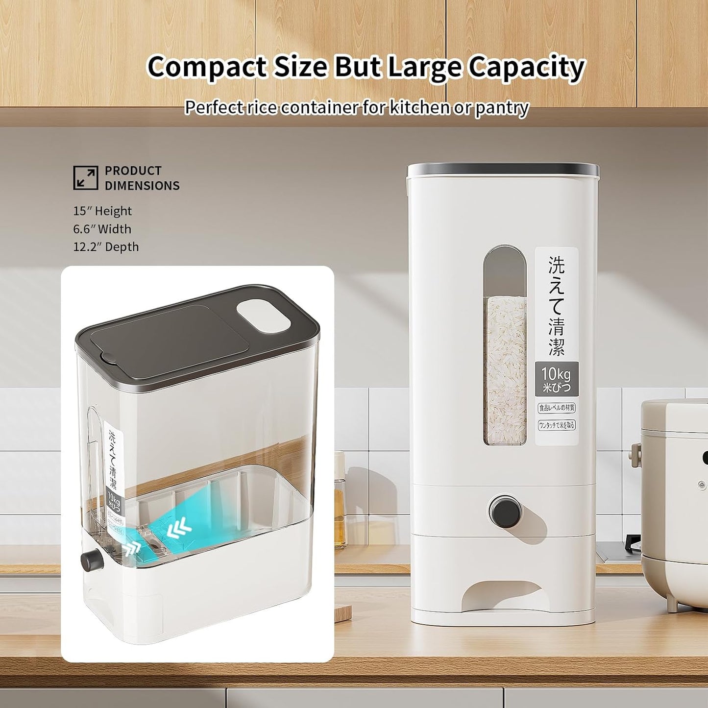 11/22 pound large capacity measuring cup rice dispenser | moisture-proof sealed rice storage box | moisture-proof and insect proof one click design for rice, beans, flour, and pet food (11, Pounds)