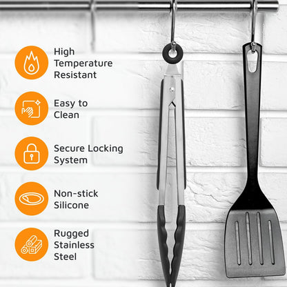 Popco 3 Piece Kitchen Tongs Set 7, 9, 12 Inch - Stainless Steel Nonstick Tongs with Silicone Tips - Heat Resistant and Dishwasher Safe for Cooking, Grilling, Salad, and Everyday Serving
