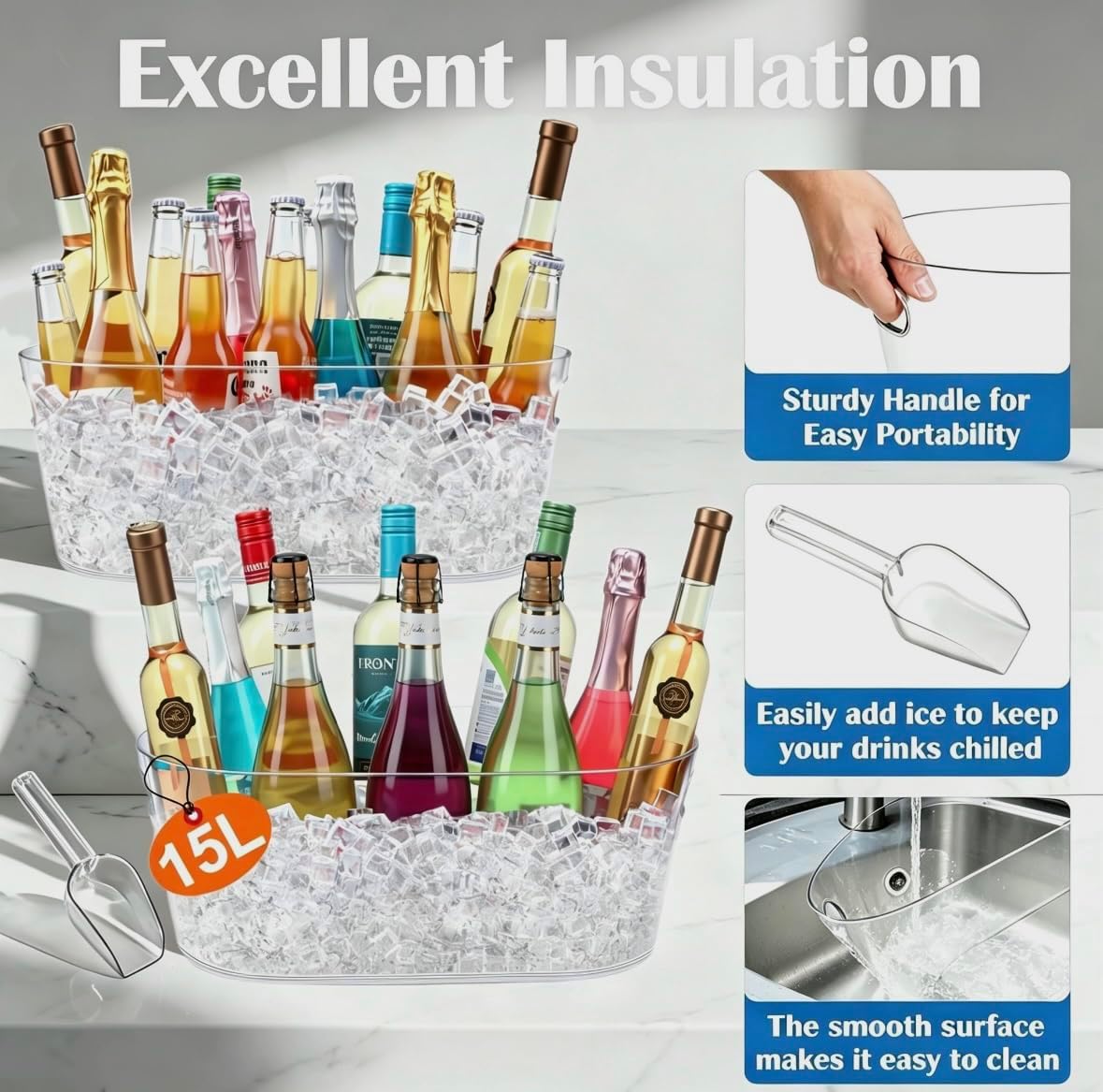 15L Large Ice Buckets for Parties, 2 Pack Champagne Ice Buckets, Portable Beverage Tub with Scoops for Champagne Beer Drink Wine Cocktails for Mimosa Bar Party Supplies