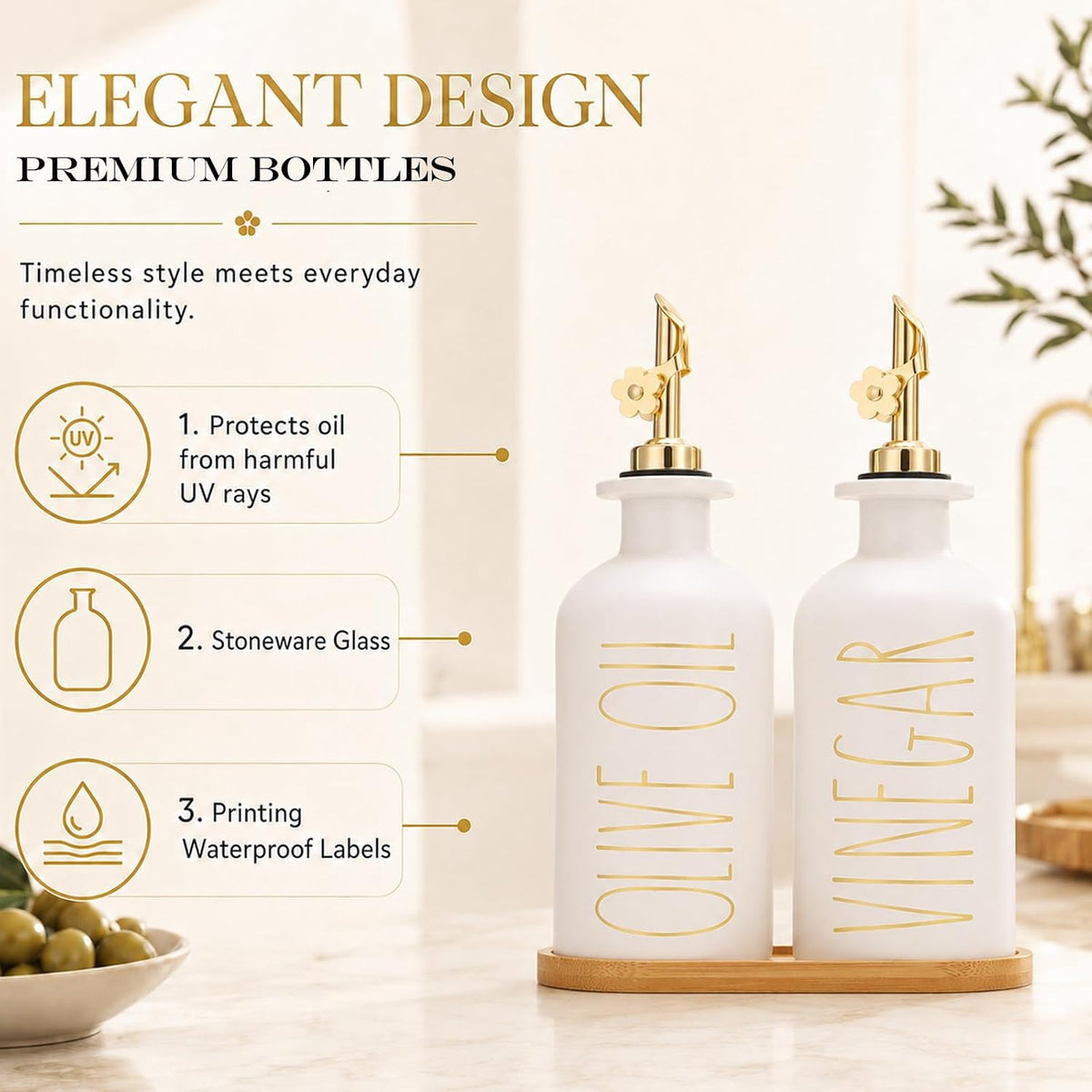HOMCDALY Premium Olive Oil Dispenser for Kitchen, 11.8oz Glass Oil Bottles with Bamboo Tray, White Oil&Vinegar Cruet Set, Kitchen Dispenser Bottles with Pourer| Set of 2 (11.8oz –P–White)