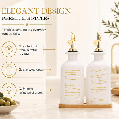 HOMCDALY Premium Olive Oil Dispenser for Kitchen, 11.8oz Glass Oil Bottles with Bamboo Tray, White Oil&Vinegar Cruet Set, Kitchen Dispenser Bottles with Pourer| Set of 2 (11.8oz –P–White)