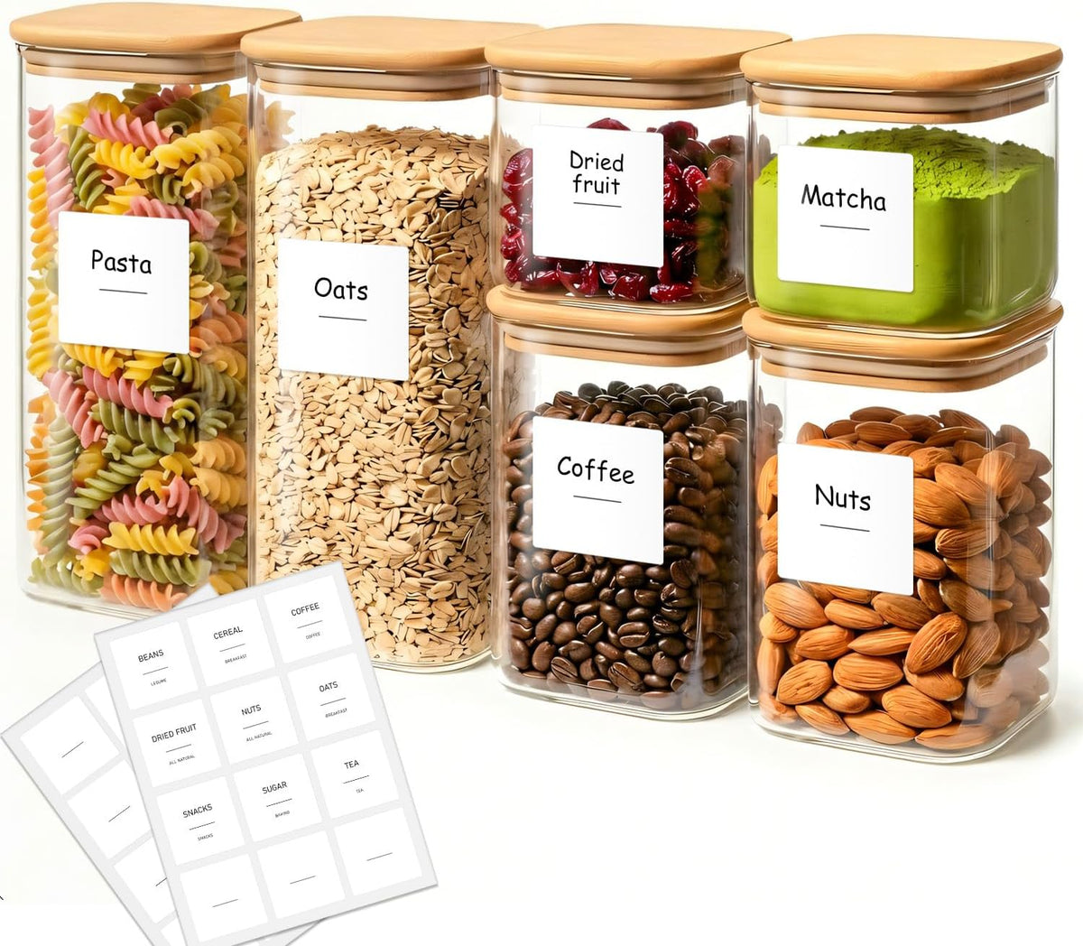 2-Pack 1 Gallon Square Glass Flour and Sugar Containers with Lids, Large Airtight Pantry Jars for Baking - Glass Canisters with Scoops & Labels for Bulk Food