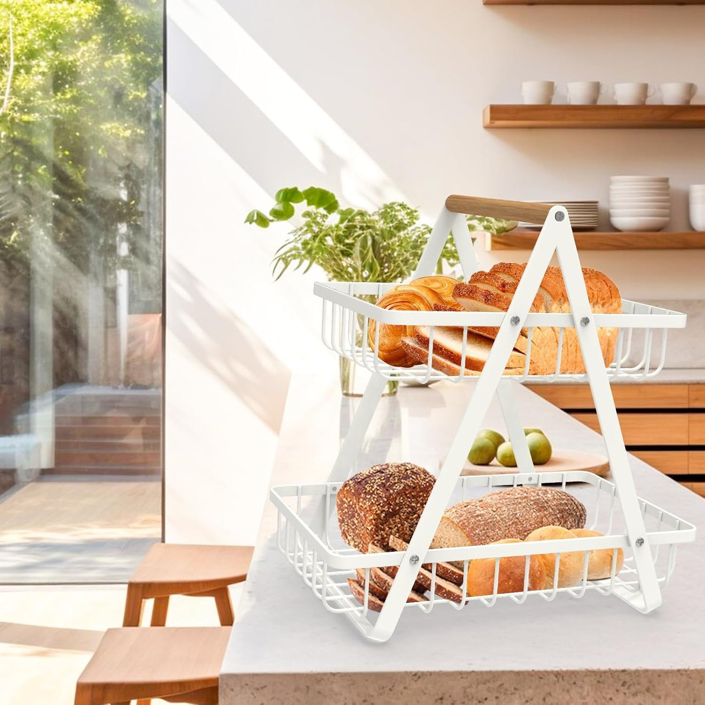 mahueeol 2-Tier Countertop Fruit Basket, Detachable Metal Rectangular Fruit Bowl with Portable Wooden Handle, Multi-Purpose Storage Organizer for Kitchen, Dining Room, Fruits,Vegetables,Bread & Snacks