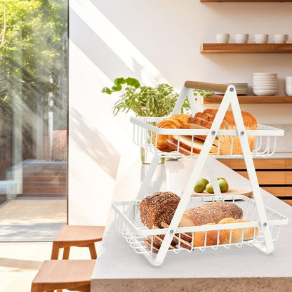 mahueeol 2-Tier Countertop Fruit Basket, Detachable Metal Rectangular Fruit Bowl with Portable Wooden Handle, Multi-Purpose Storage Organizer for Kitchen, Dining Room, Fruits,Vegetables,Bread & Snacks