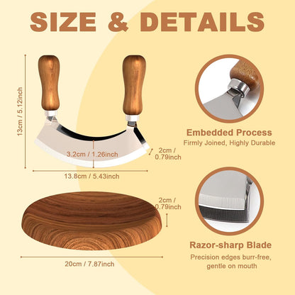 Cutting Board & Mezzaluna Knife, 2-Bladed Herb Chopper with Wood Board