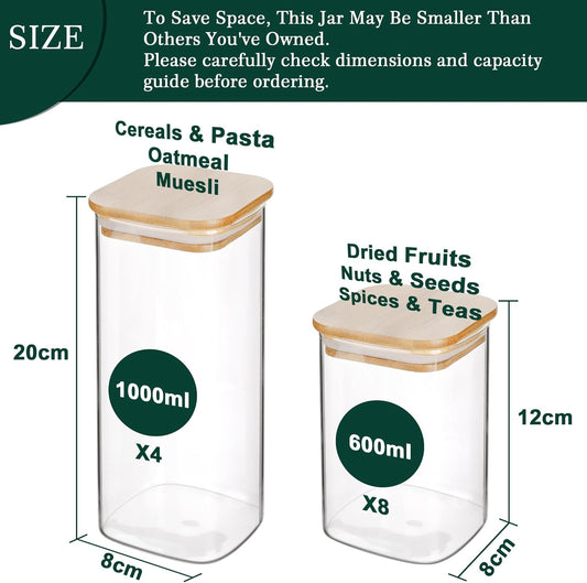 LIBWYS 12-Pack Square Glass Storage Jars with Bamboo Lids (0.6Qt/1.06Qt) - Stackable Food Containers for Pantry Organization, Coffee, Flour, Snacks, Tea | Kitchen Canisters Set