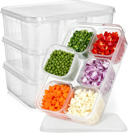 4 Pack Salad Bar Container for Fridge, Plastic Food Storage Organizer with Lid, Stackable Refrigerator Bins with 24 Individual Removal Boxes, Reusable Meal Prep Container for Fruit, Vegetable