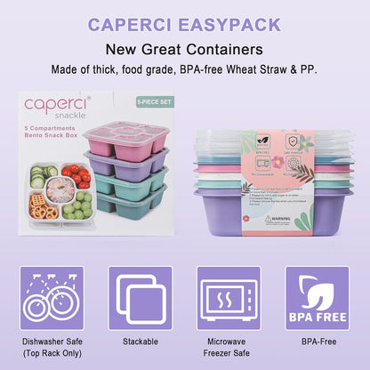 Caperci 5-Pack Lunchable Container Set for Kids & Adults - Reusable Bento Snack Box Containers with 5-Compartment for Food Storage & Meal Prep, Wheat Straw, BPA-Free (Dark & Clear Lids)