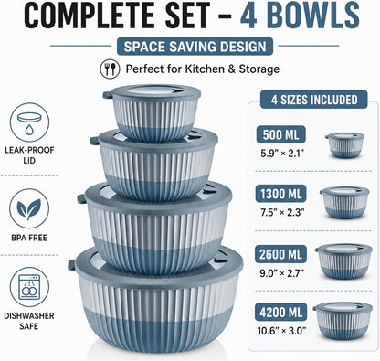 Mixing Bowls with Lids, 8-Piece Airtight Leak-Proof Nesting BPA-Free Bowl Set for Kitchen & Food Storage, Large 4200ml Capacity, Microwave & Dishwasher Safe
