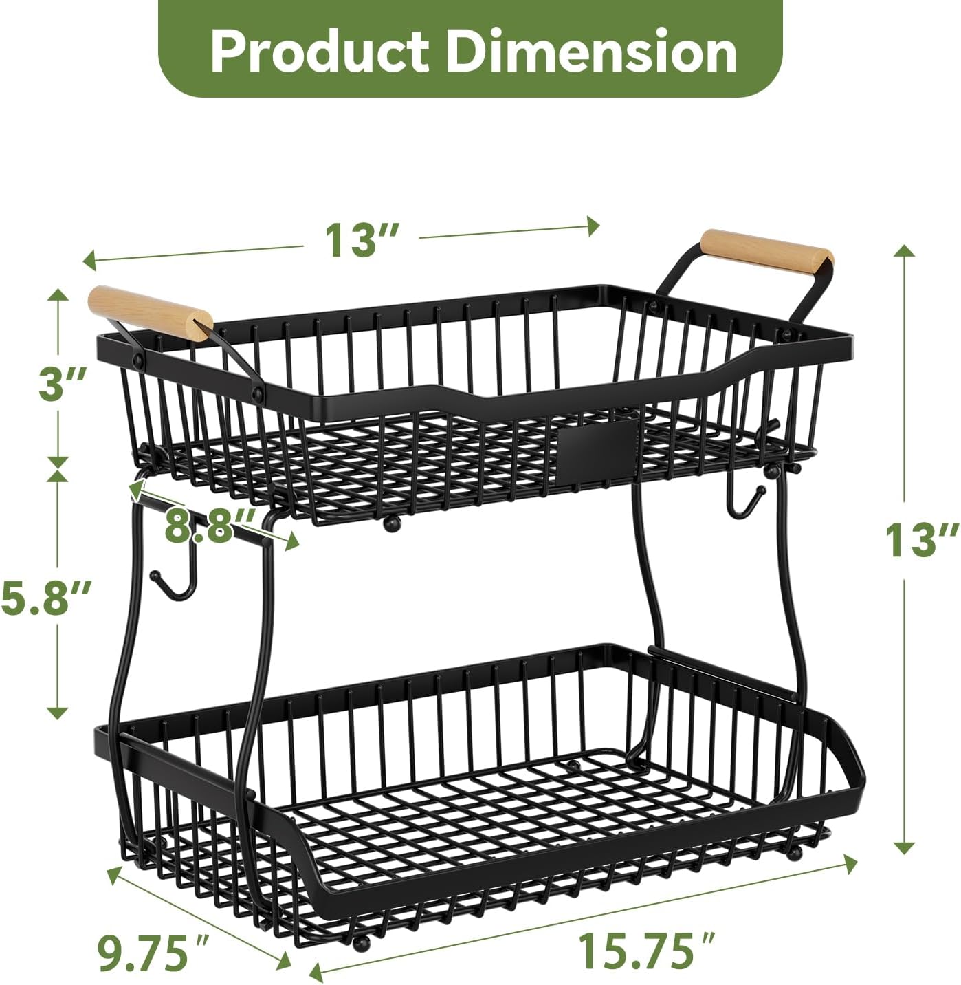Simple Trending Fruit Basket 2-Tier Detachable, with Banana Hangers & Rust-Proof Metal Mesh, Ventilated Kitchen Organizer for Countertop, Perfect for Fruits, Vegetables, Snacks Storage