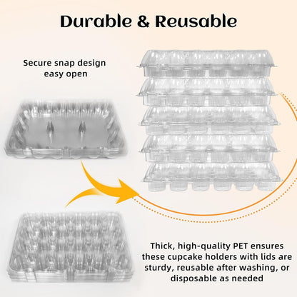 WIKDAY 24 Count x 10 Sets Plastic Cupcake Containers, Durable and BPA-Free Cupcake Holder with Lid for Easy Transport Storage, Stackable Clear Cupcake Carriers, Reusable Dessert Boxes