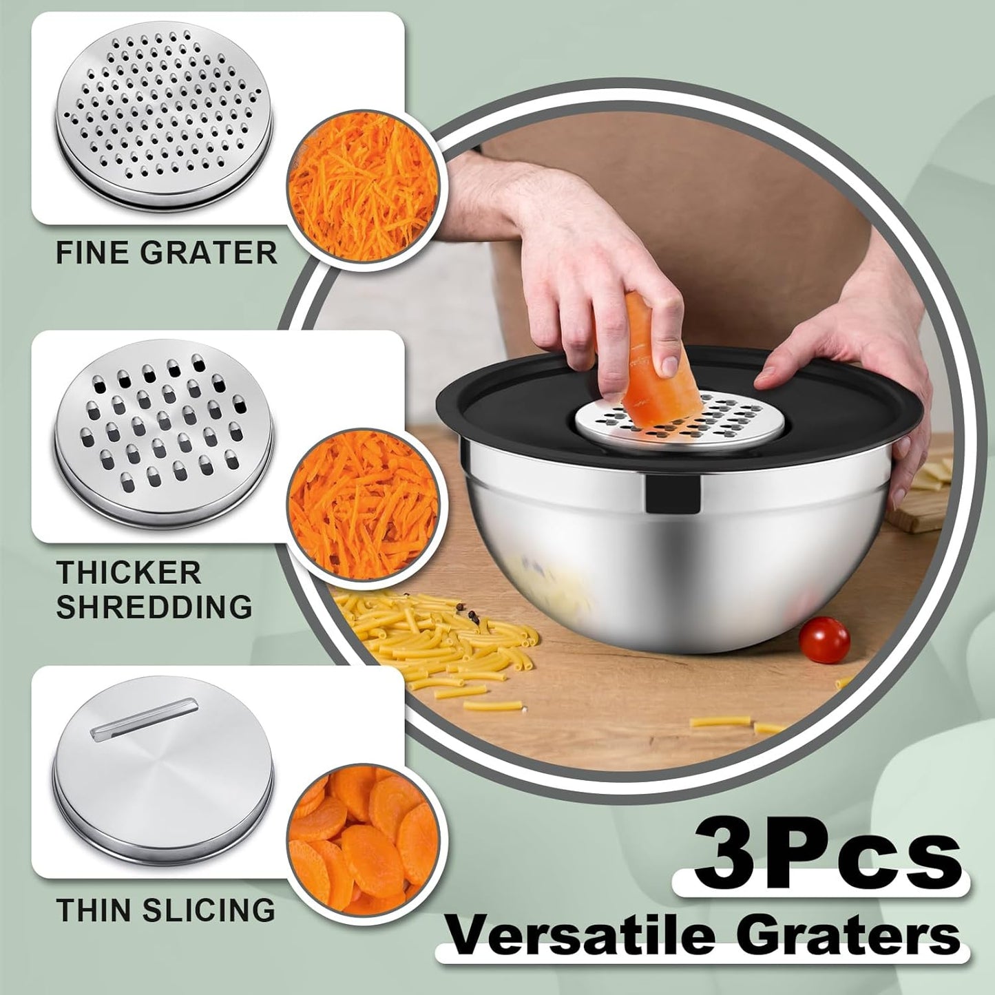 P&P CHEF Mixing Bowls with Lids Set of 6, Stainless Steel Nesting Salad Bowl & 3 Grater Attachments for Prepping Storing, 4.6/2.6/2/1.5/1/0.7 QT, Khaki