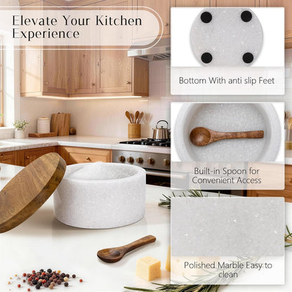 Marble Salt Cellar with Lid & Spoon, Salt Container, Salt Holder