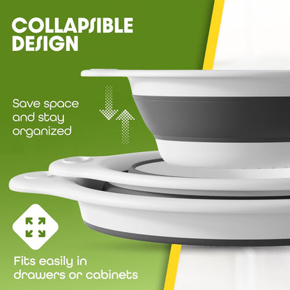 Gevoli 3-Pack Collapsible Colanders with Self-Draining Base, Over Sink-edge Silicone Food Strainers, Small/Med/Large Sizes, Nesting for Easy Compact Storage (3Qt, 4Qt, 5-Quart Set) Green/Gray