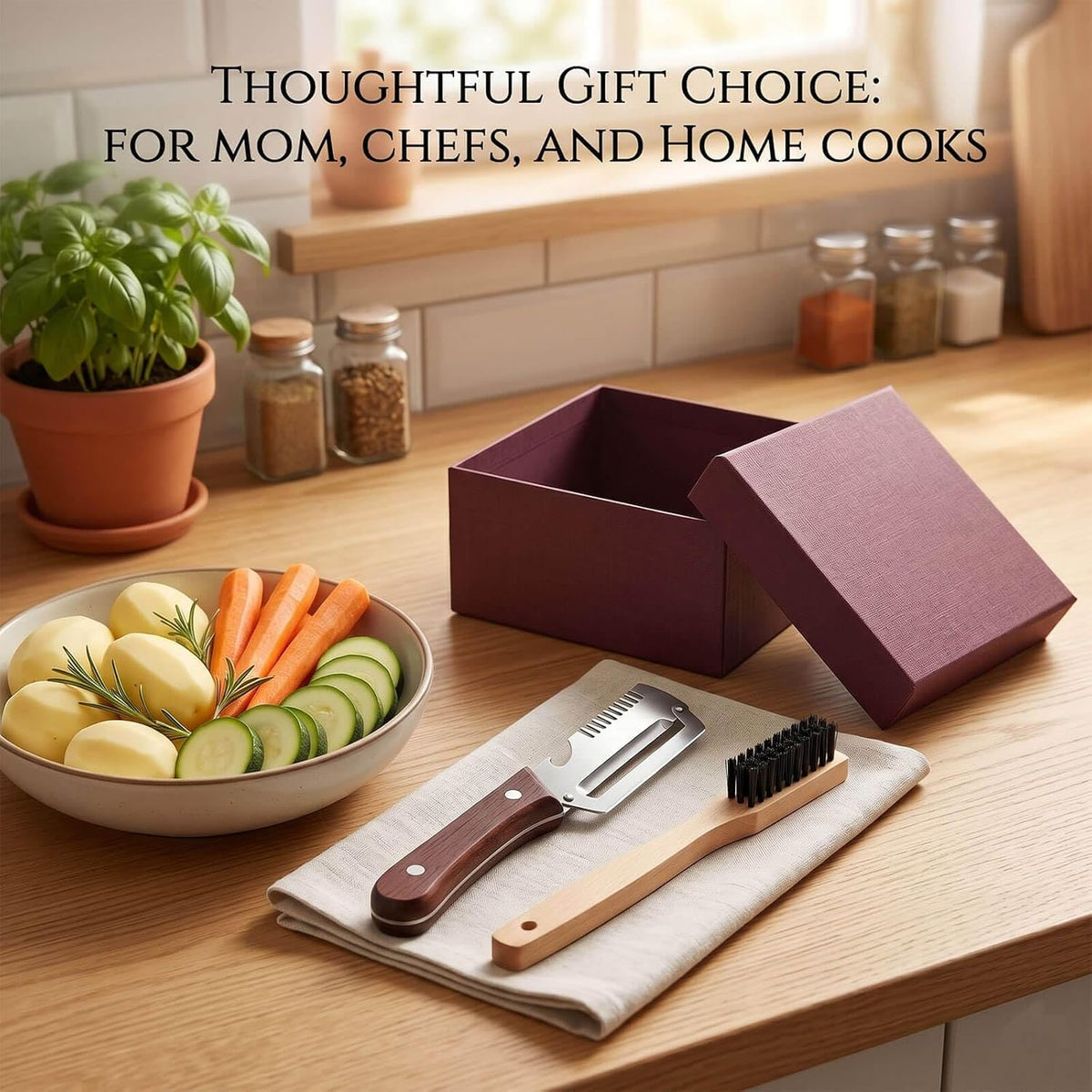 3-in-1 Stainless Steel Vegetable Peeler and Julienne Shredder | Wood handle, built-in bottle opener, cleaning brush included; compact tool for cooking, BBQ, camping, and meal prep.