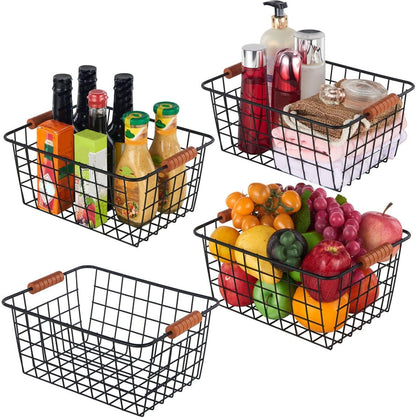 JUNCHU CHERRY Wire Kitchen Storage Basket 4 Packs,Perfect Pantry Organization Accessories Baskets,Laundry Basket,With a Wooden handle,Suitable for Kitchen,Bathroom,Bedroom,Tabletop,Stackable,Black