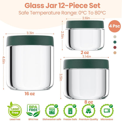 12Pack Overnight Oats Containers with Lids, 16oz, 8oz & 4oz Glass Jars with Airtight Lids, Wide mouth Mason Salad jars, Glass Food Storage Containers for Yogurt Chia Pudding Snacks Cereal & Spices