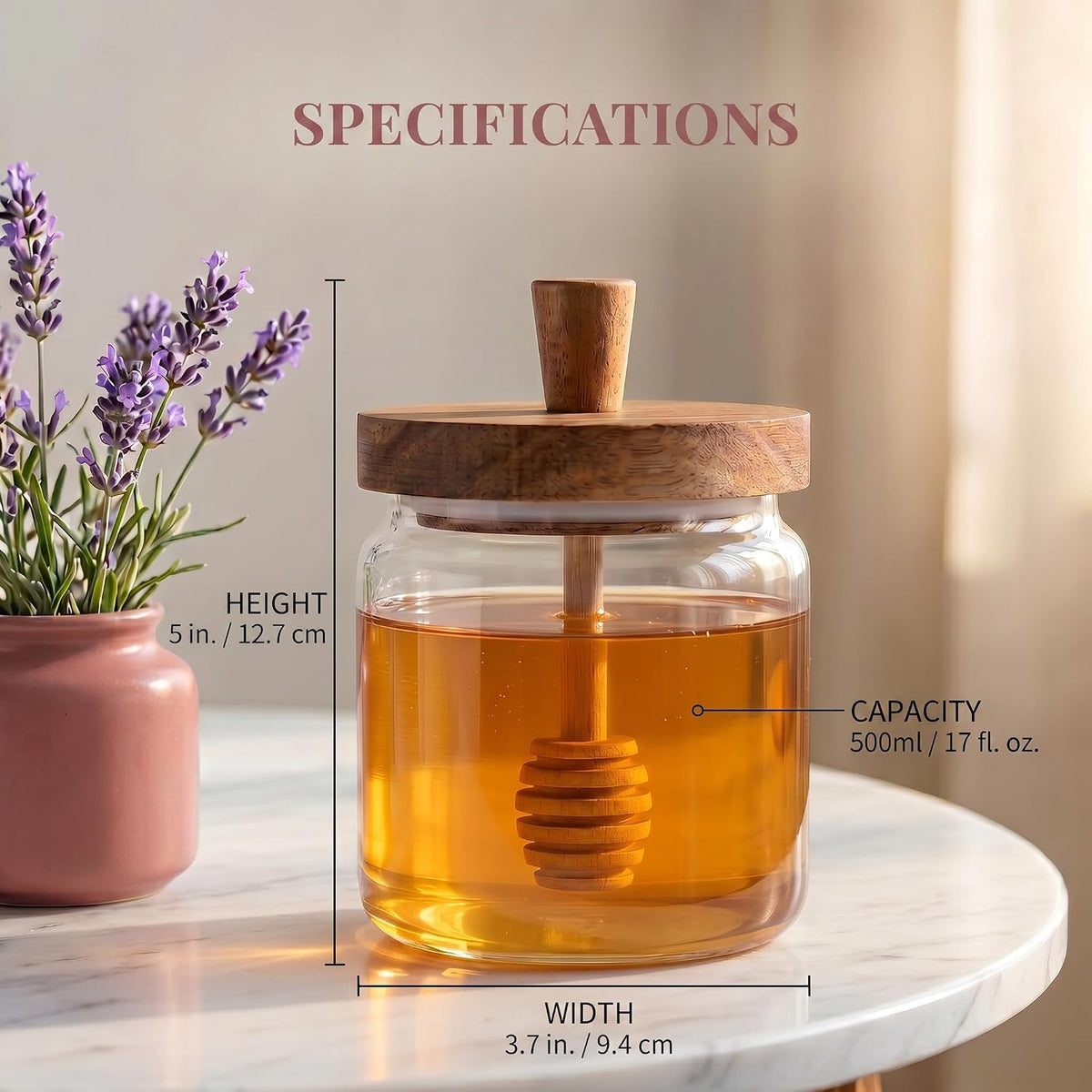 17 oz glass honey jar with wooden dipping spout and lid, sealed honey dispenser, kitchen wide mouthed honey pot, rural glass honey jar with dipping spout stick