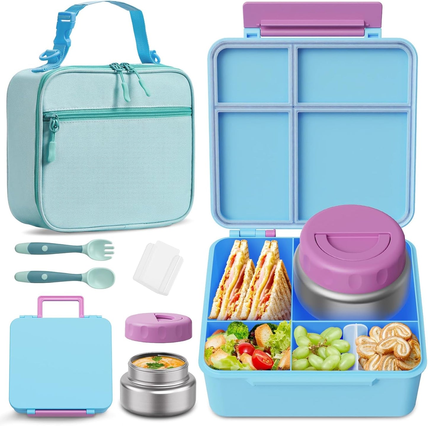 Bento Box for Kids with Thermo Food Container (9oz), 4-Compartment Lunch Box, Adjustable Divider, Leakproof Bento Lunch Box, Includes Utensils & Carry Bag for School, Office(Blue)