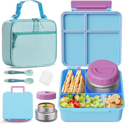 Bento Box for Kids with Thermo Food Container (9oz), 4-Compartment Lunch Box, Adjustable Divider, Leakproof Bento Lunch Box, Includes Utensils & Carry Bag for School, Office(Blue)