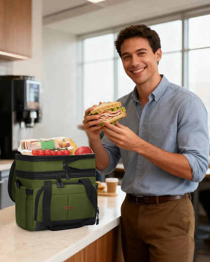 Pritent Lunch Box For Men Women Double Deck Insulated Lunch Bag For Men Woman Leakproof Expandable Cooler Bag with Adjustable Shoulder Strap for Kids Shool Work Picnic Camping(Beige,Large)
