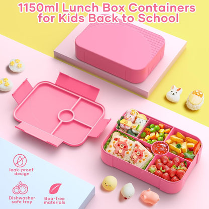 HOMETALL Bento Lunch Box for Kids - Leakproof Bento Box with 6 Compartments Portions Lunchbox for Kids Ages 3 to 7 Back to School, BPA-Free Snack Packing Containers Reusable On-the-Go Meal Prep, Pink