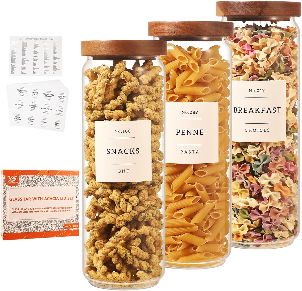 2 Pack Large Glass Flour and Sugar Storage Containers with Airtight Acacia Wood Lids and 132 Kitchen Pantey Labels Preprint - 1 Gallon Borosilicate Glass Canister Sets for Food,Pasta,Cookie,Rice