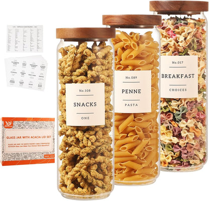 2 Pack Large Glass Flour and Sugar Storage Containers with Airtight Acacia Wood Lids and 132 Kitchen Pantey Labels Preprint - 1 Gallon Borosilicate Glass Canister Sets for Food,Pasta,Cookie,Rice
