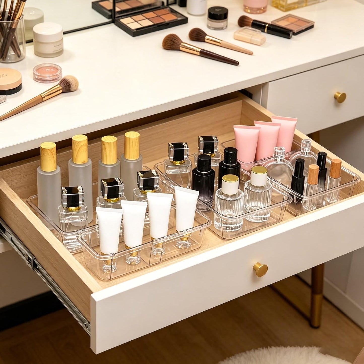 15-Piece Expandable Drawer Organizer Set, Clear 2-Size Bins | 15-piece set, clear expandable bins, 2 sizes, for makeup, vanity, desk and kitchen drawers