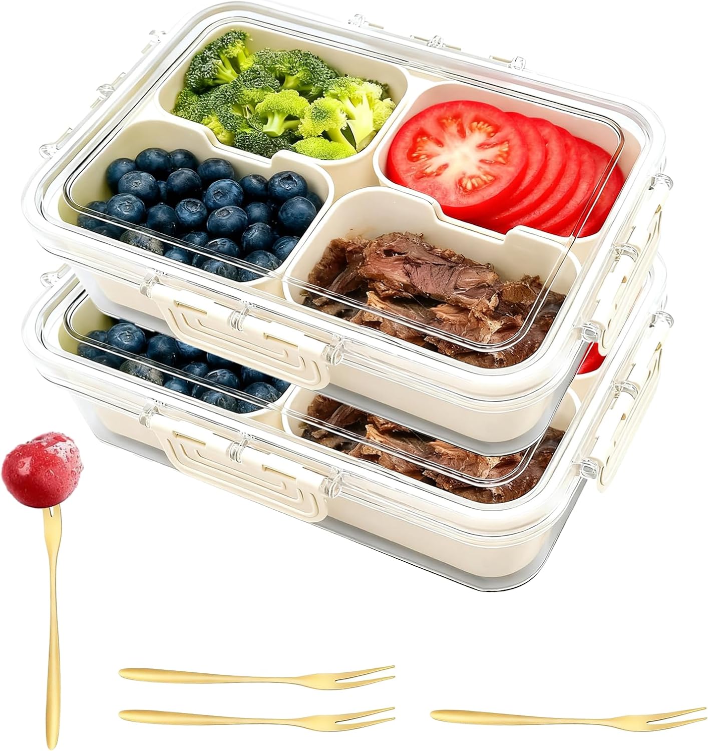Snackle Box Container, Portable Snack Containers with Lids for Candy, Fruits, Nuts, Veggies, Snacks (White(2 Pack-4 Compartments))