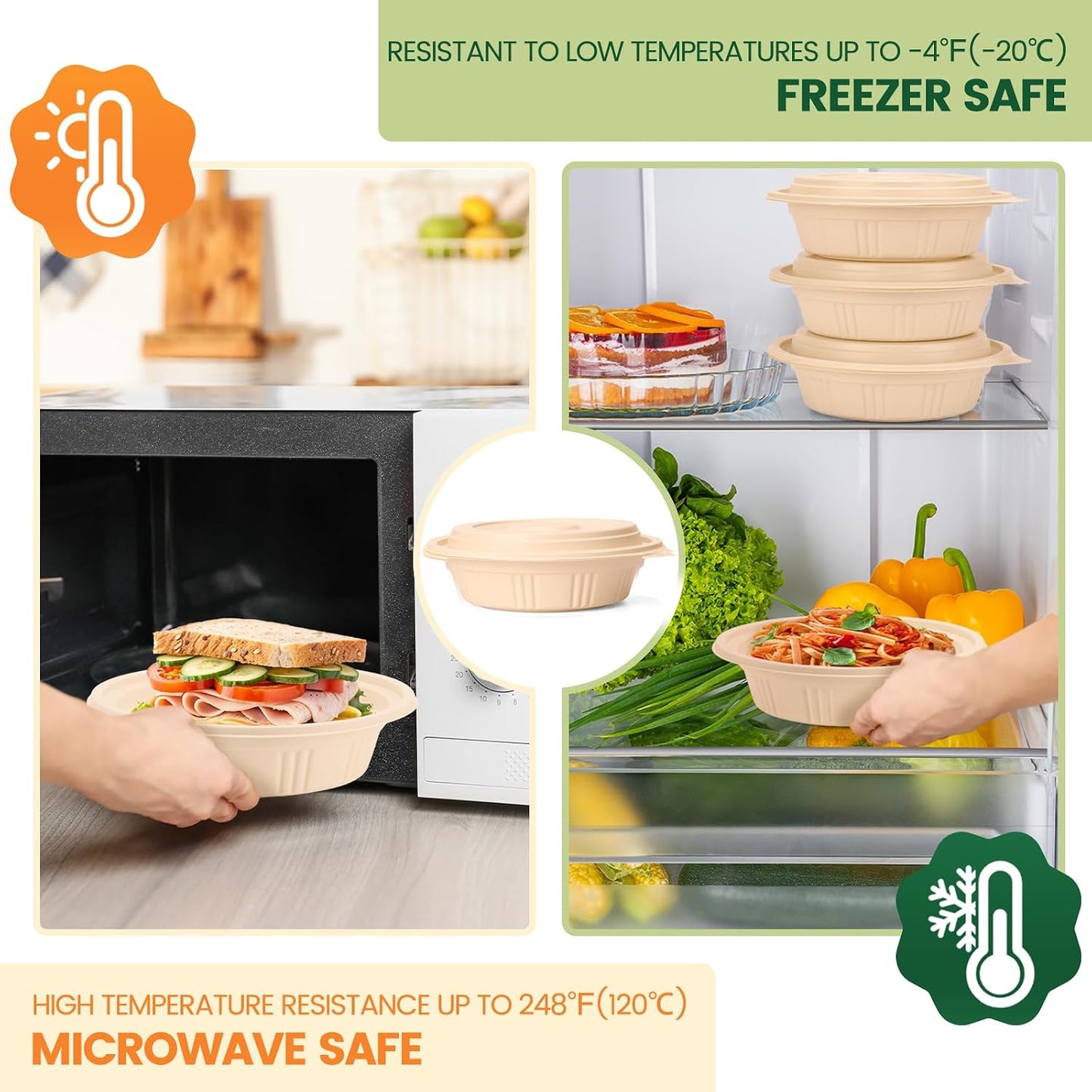100 Piece (50 Pack) Meal Prep Containers Reusable - 2 Compartment 32 oz Cornstarch Snack Containers with Lids - Plastic Food Storage Salad Containers - To Go Lunch Box - Microwave & Freezer Safe