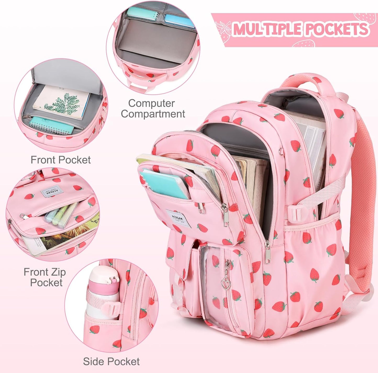 ACESAK Girls Backpack - Bento Box with Insulated Lunch Bag Pencil Case & Utensils Set for Kids, 6 Leakproof Compartments Removable Tray Lunches or Snack Container for School (Gray Daisy)