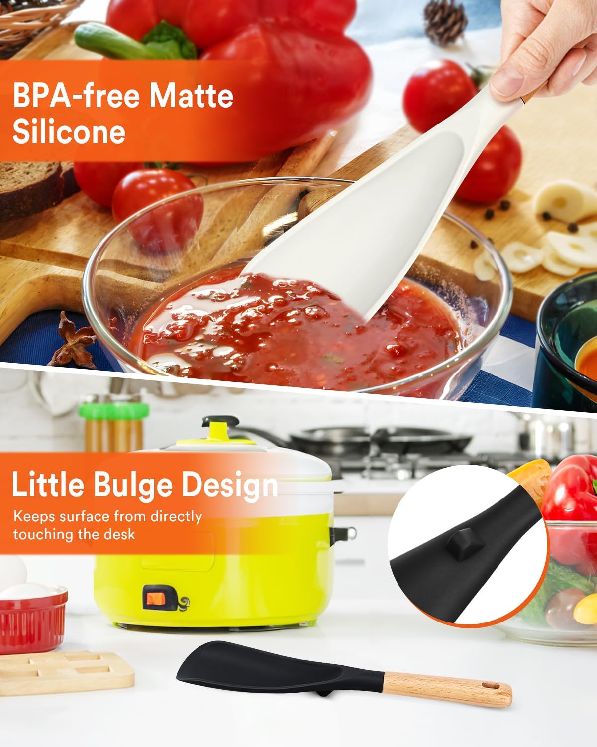 Cooking Spoon for Nonstick Cookwares, Great for Cooking and Serving Sturdy BPA-Free Matte Silicone, Wood Handle Spoon for Mixing, Scoop, and Scrape (Black & Grey, 11.4 inch)