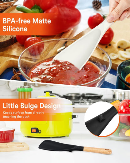 Cooking Spoon for Nonstick Cookwares, Great for Cooking and Serving Sturdy BPA-Free Matte Silicone, Wood Handle Spoon for Mixing, Scoop, and Scrape (Black & Grey, 11.4 inch)