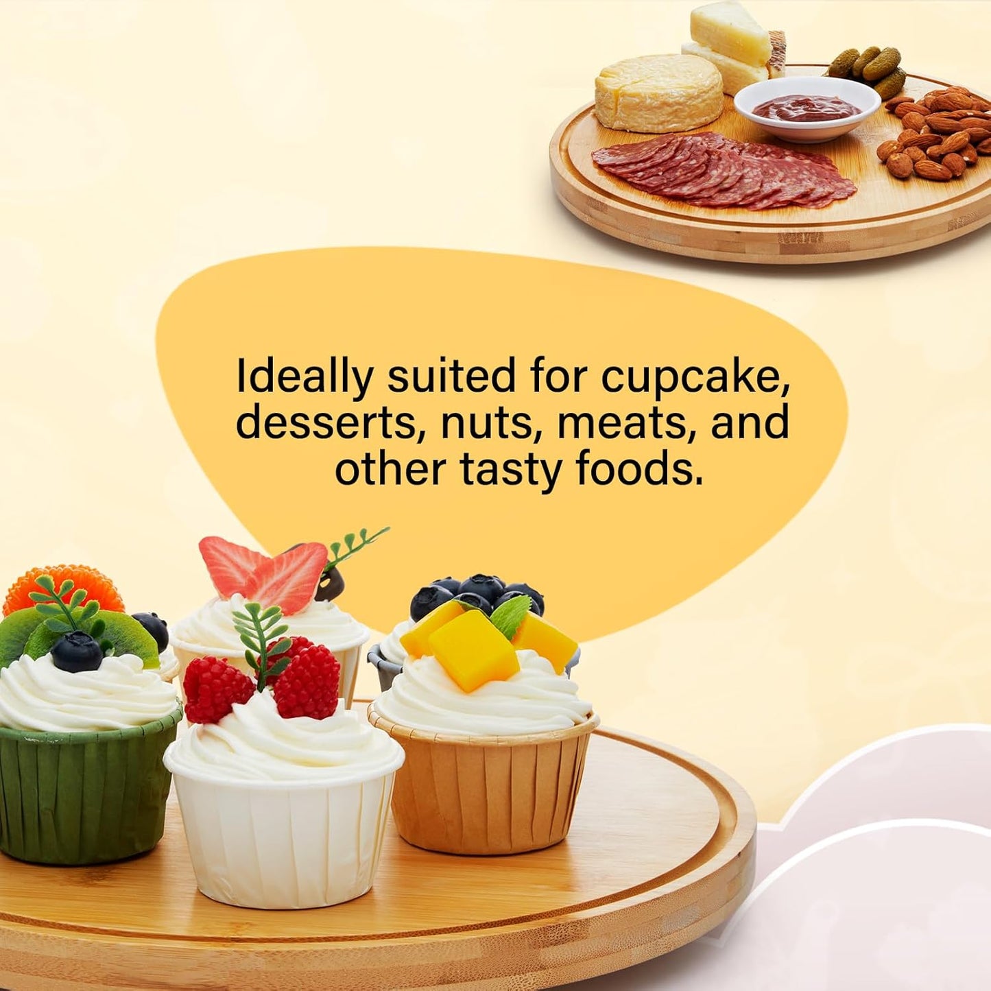 Rotating Cake Stand with Lid, 12'' Wood Food Plate with Cover, Serving Tray, Fruit Platter, Salad Bowl, Dessert Table Display & Acrylic Cake Dome Cover for Party