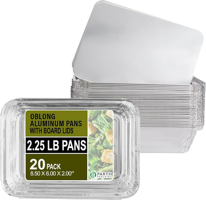 PARTY BARGAINS 4 lb Aluminum Pans with Board Lids, 50 Pack – 12 x 8 in Disposable Foil Roasting & Steam Table Pans for Catering, Takeout, Meal Prep, Oven Safe up to 240°C