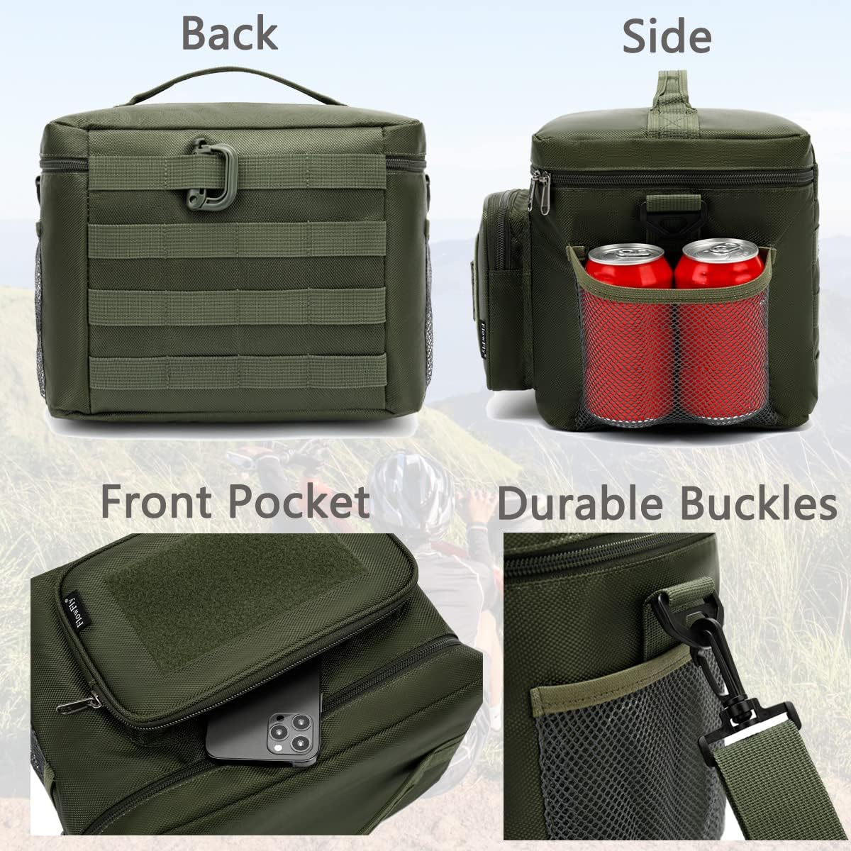 FlowFly Lunch Bag, Insulated Cooler, Thermal Lunch Box Tote with MOLLE/PALS Webbing, Adjustable Padded Shoulder Strap, for Tactical Men Women Adults and Boys Girls Kids (Cyan, Medium)