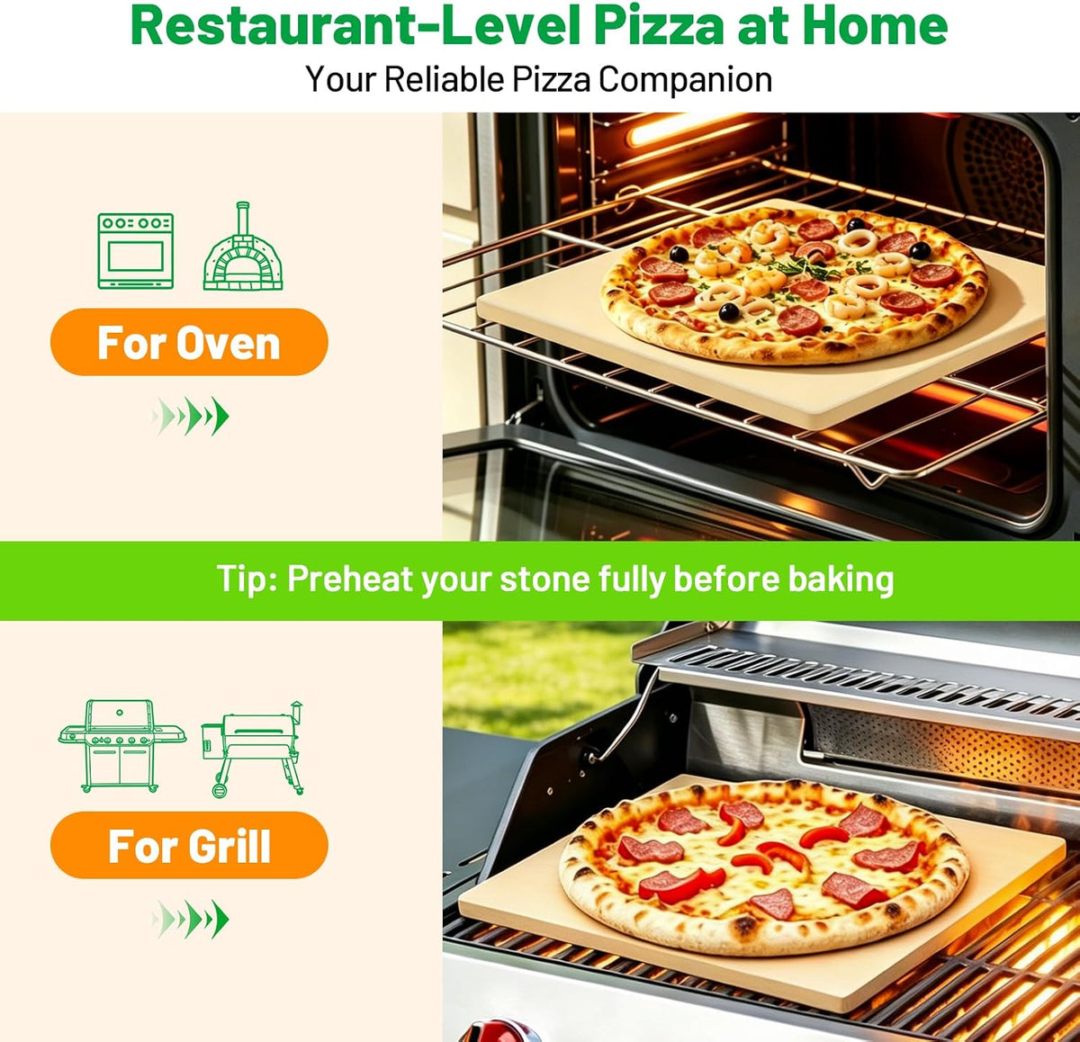 Cordierite Pizza Stone for Oven & Grill, 15 x 12 Inch Rectangular