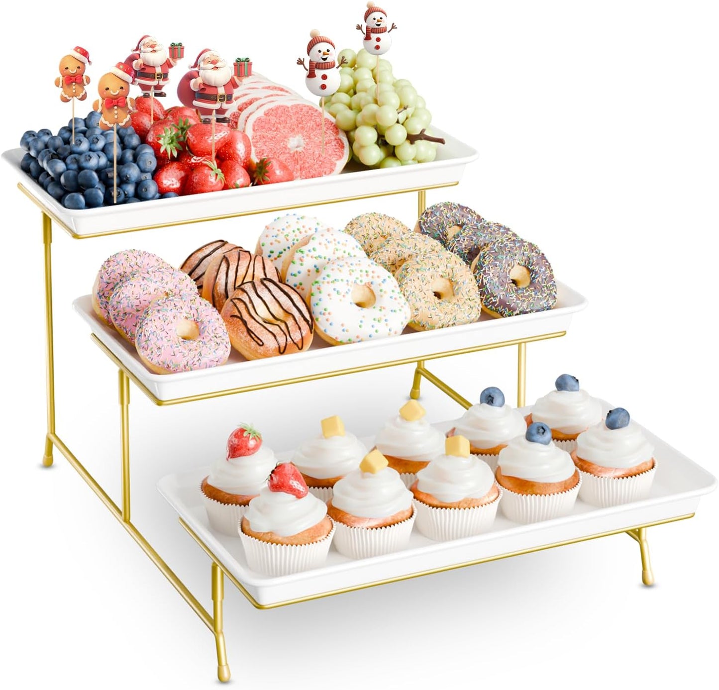 3-Tier Melamine Serving Tray Set, 11.5" x 5.6" Platters for Serving Food, Black Reusable Trays with Black Metal Display Stand for Cupcakes, Sevring Food, Dessert, Fruit, Cookie, Gold