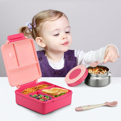 Itslife Bento Lunch Box for Kids with 8oz Soup Thermo&Lunch Bag, Leak-Proof Lunch Food Containers with 4 Compartment, Hot Food Insulated Food Jar for Kids School (Green)