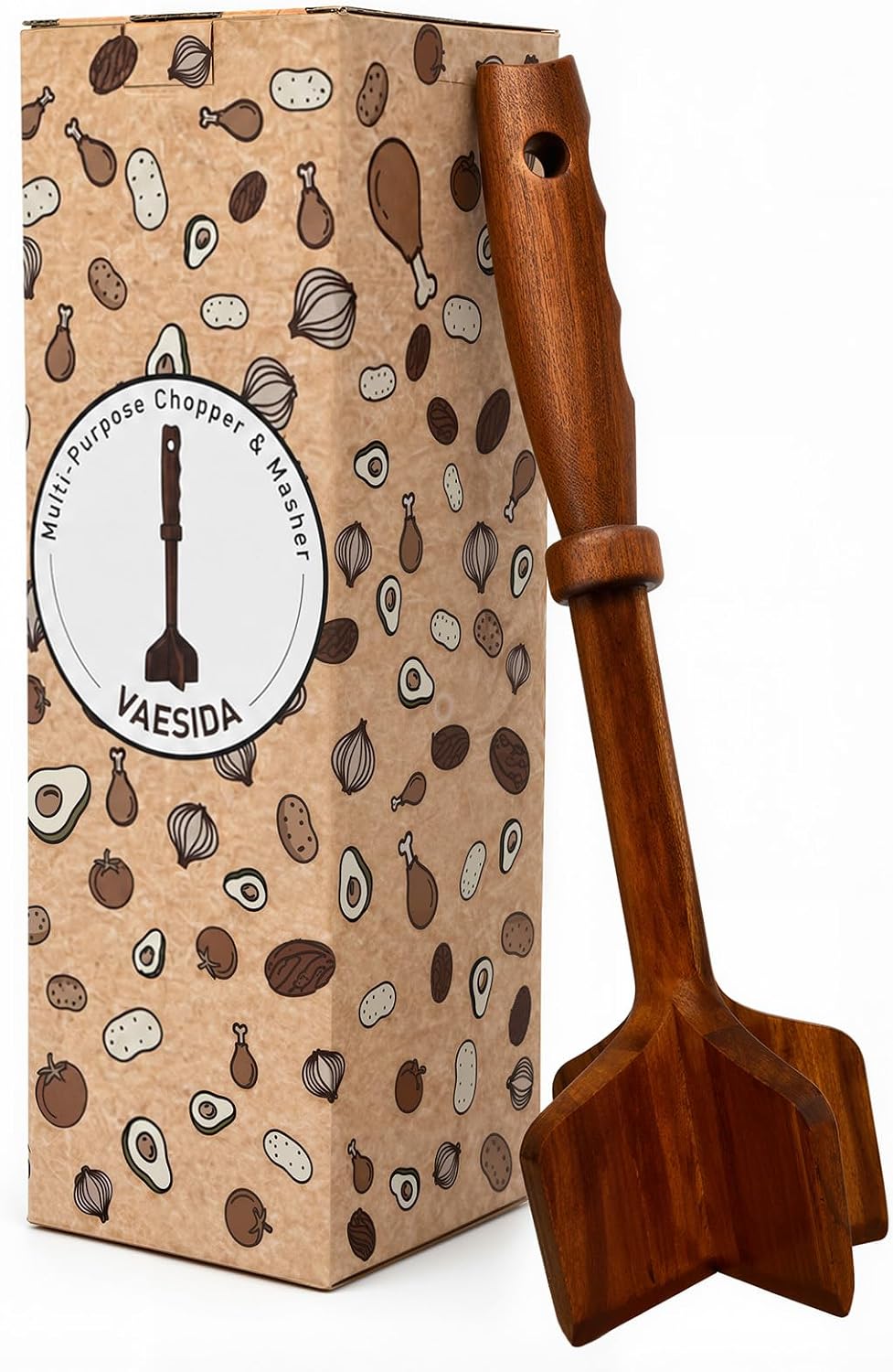 VAESIDA Wooden Ground Beef Masher/Chopper Tool, Solid Wood Meat Smasher