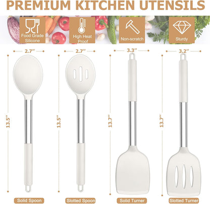 TeamFar Kitchen Utensils, 4 PCS Silicone Cooking Utensils Spatula Spoon Set with Stainless Steel Handle, for Frying Mixing Draining Turning, Healthy & Heat-proof, Non-stick & Dishwasher Safe - Black
