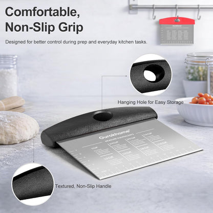 Ourokhome 2 Pack Bench Scraper Dough Cutter, Stainless Steel Dough Scraper with Laser-Etched Scale, Conversion Chart, Non-Slip Handle, Dishwasher Safe for Bread & Pastry, Black