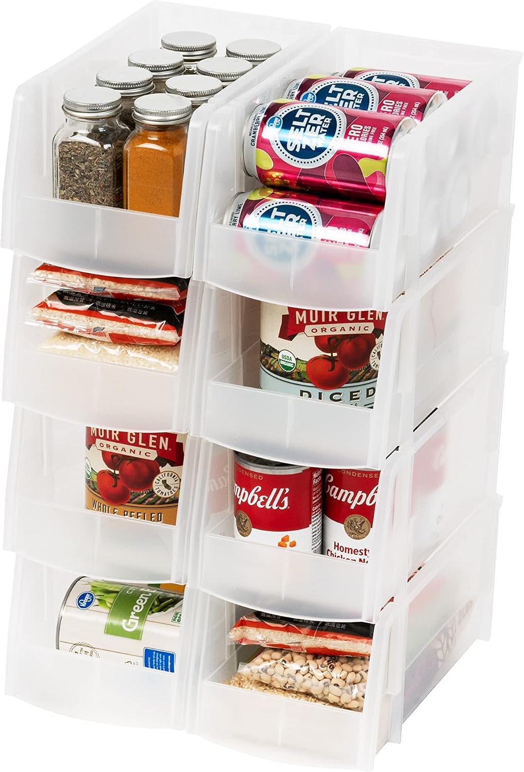 IRIS USA Clear Plastic Stackable Storage Bins, Large- 8 Pack, Open Front Fridge Pantry Kitchen Closet Cabinet Bathroom Organizer Basket for Organizing Snack, Cans, Office Supplies, and Coffee Pods
