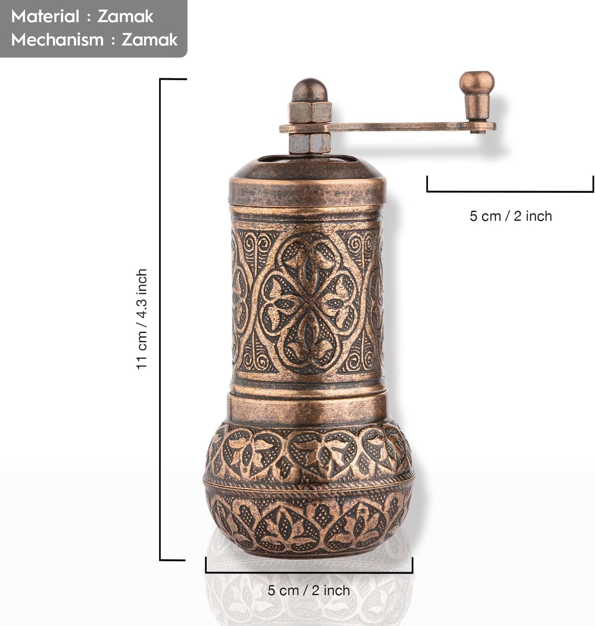 Handmade Decorative Black Pepper Grinder, Zamak Conical Burr, Refillable Turkish Spice Mill Manual Pepper Mill with Handle, Spice Grinder Metal with Hand Crank 11 cm-4.3 inch