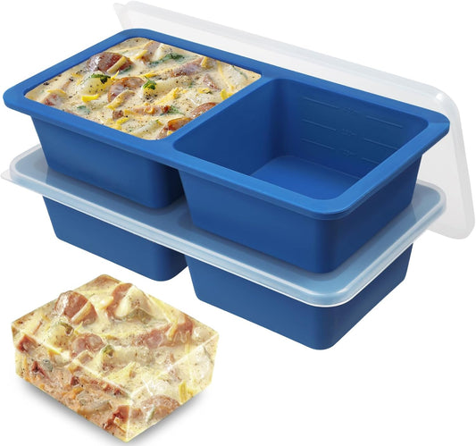 Koluti 2-Pack Nonstick Silicone 3 Soup Freezer Mold, 1-Cup Large Sauce Ice Tray with Plastic Lid, Stackable Freezing Maker Meal Prep Food Storage Container, Dishwasher Safe & BPA Free