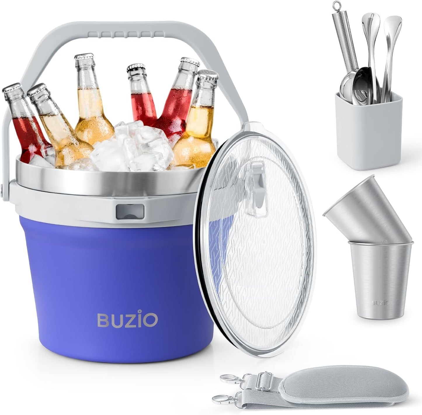 BUZIO 7.4 Qt/7 L Insulated Ice Bucket with Lid, Scoop, Tongs & Metal Cups, Double Wall Vacuum Stainless Steel Beer Bucket, Holds 6 Longnecks/3 Wine Bottles, for Parties Bar, Black