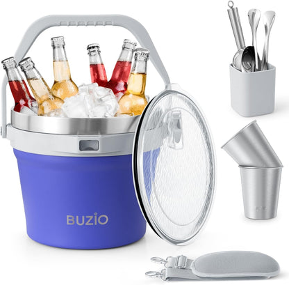 BUZIO 7.4 Qt/7 L Insulated Ice Bucket with Lid, Scoop, Tongs & Metal Cups, Double Wall Vacuum Stainless Steel Beer Bucket, Holds 6 Longnecks/3 Wine Bottles, for Parties Bar, Black